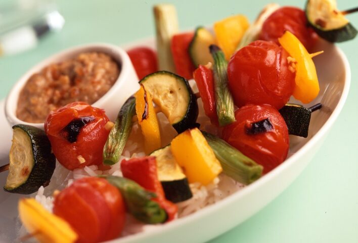 Oriental Vegetable Kebabs with Peanut Dressing