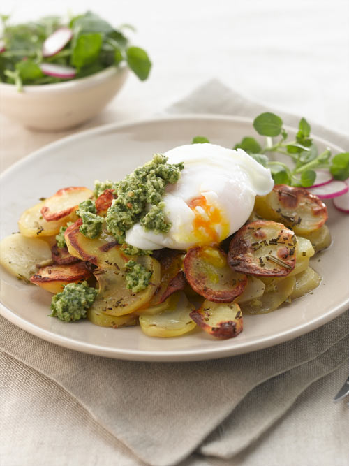 Pommes Anna with Eggs, Rocket and Walnut Pesto - Vegetarian Society