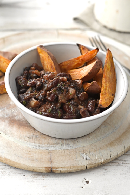 Baked Black Beans and Kidney Beans with Sweet Potato Wedges - Vegetarian Society