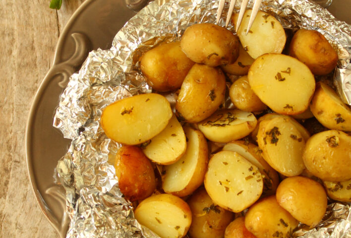 New potatoes cooking in foil