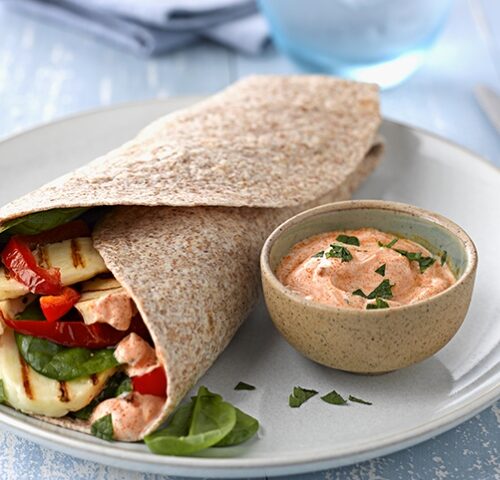 Halloumi, red pepper, spinach and harissa wrap
