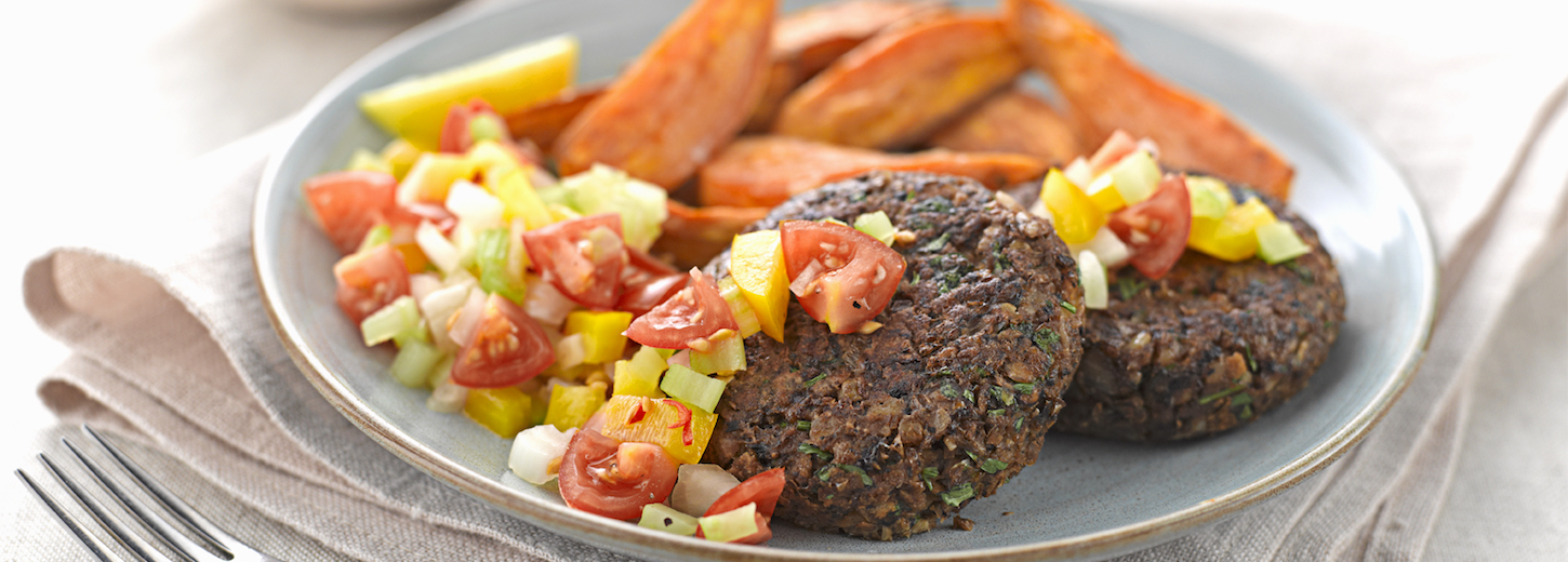 Mushroom, Walnut and Lentil Burgers with Sweet Potato Wedges - Vegetarian Society