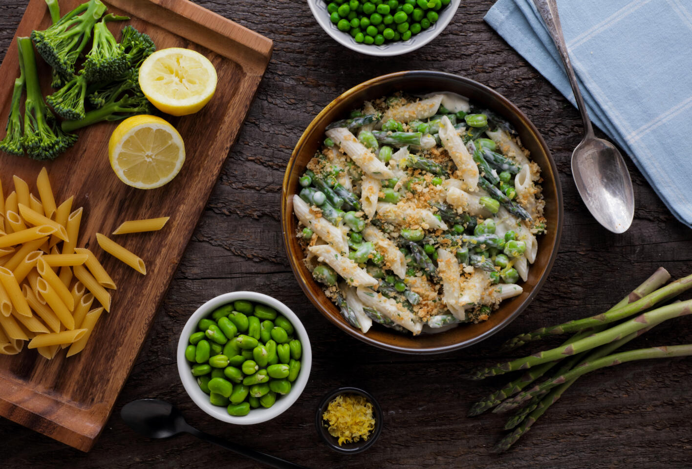 Penne Pasta with Green Veg and Panko Topping Vegetarian Society