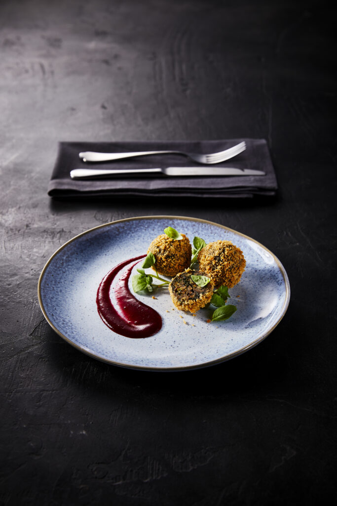Kale, Chestnut and Mushroom Bonbons with Cherry Sauce - Vegetarian Society