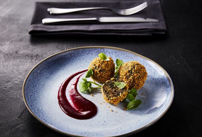 Kale, Chestnut and Mushroom Bonbons with Cherry Sauce