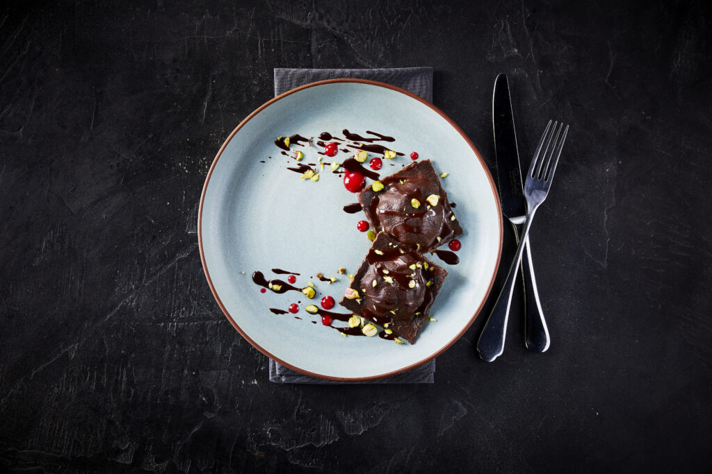 Chocolate Ravioli with Mince Pie Filling and Chocolate Sauce - Vegetarian Society