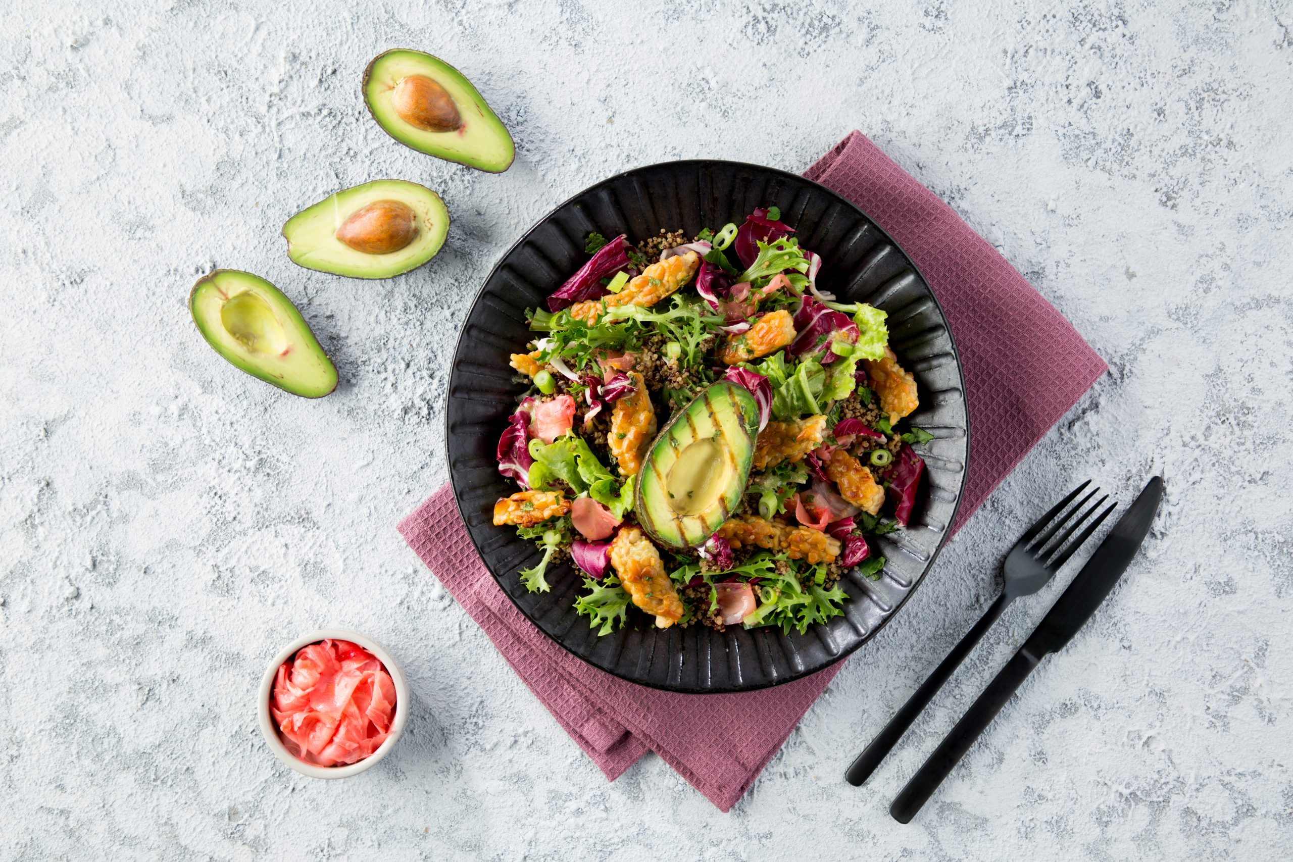Griddled Avocado with Crispy Tempeh and Quinoa Leaf Salad - Vegetarian Society