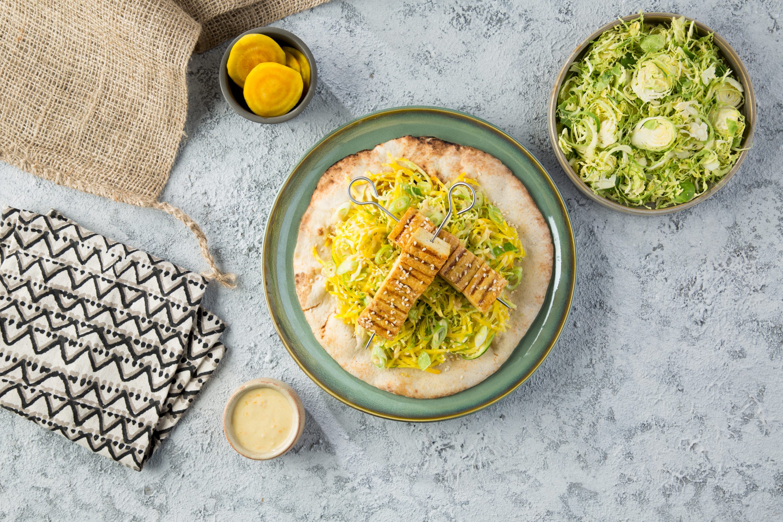 Smoky Tofu Skewers Flatbread with Golden Beetroot and Shaved Brussels Sprout Salad - Vegetarian Soci