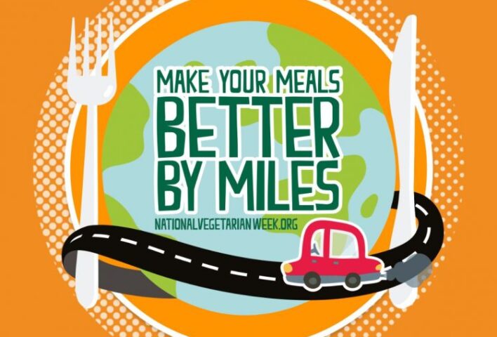 National Vegetarian Week 2023 logo shows cartoon of world. Knife and fork either side. Cartoon car across it. Has text Make your Meals Better by Miles across it