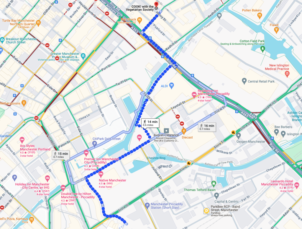 Map from Manchester Train Piccadilly to COOK! with the Vegetarian Society