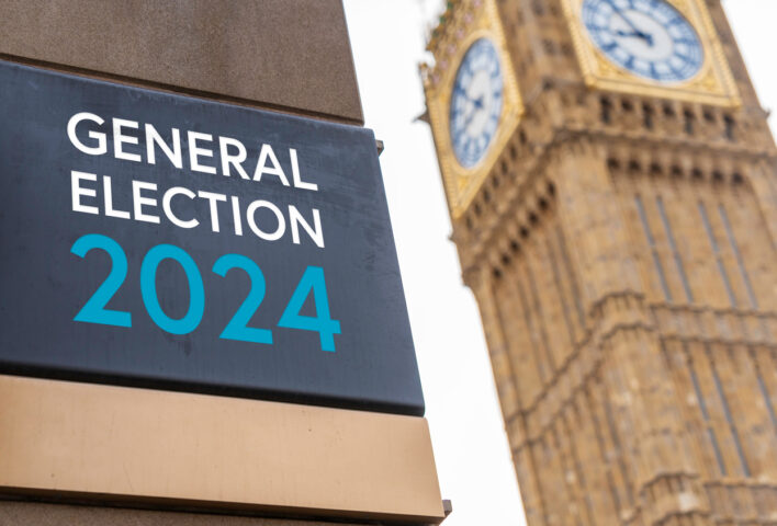 Big Ben and a sign saying General Election 2024