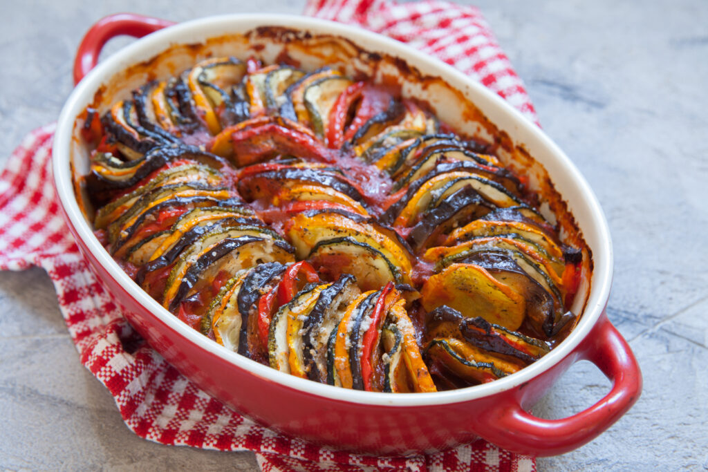 Briam, Greek roasted vegetables with oregano and basil, made on Essential Vegetarian class at COOK! in Manchester