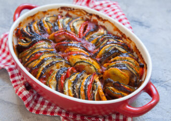 Briam, Greek roasted vegetables with oregano and basil, made on Essential Vegetarian class at COOK! in Manchester