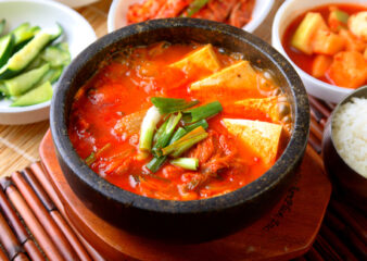 Lotus Root and Kimchi Korean Stew as prepared in Kick Start Korean class at COOK! with the Vegetarian Society in Manchester