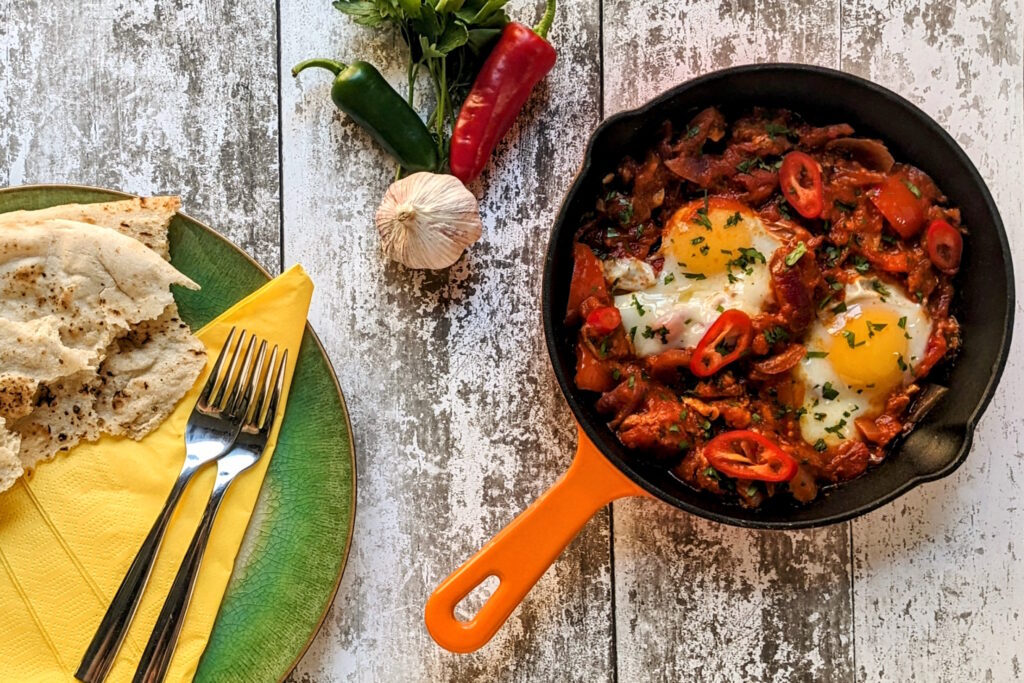 Traditional Tomato and Pepper Shakshuka with Chorizo Tofu made on the Essential Vegetarian cookery class at COOK! in Manchester