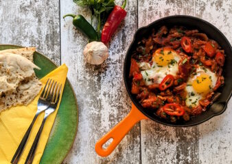 Traditional Tomato and Pepper Shakshuka with Chorizo Tofu made on the Essential Vegetarian cookery class at COOK! in Manchester