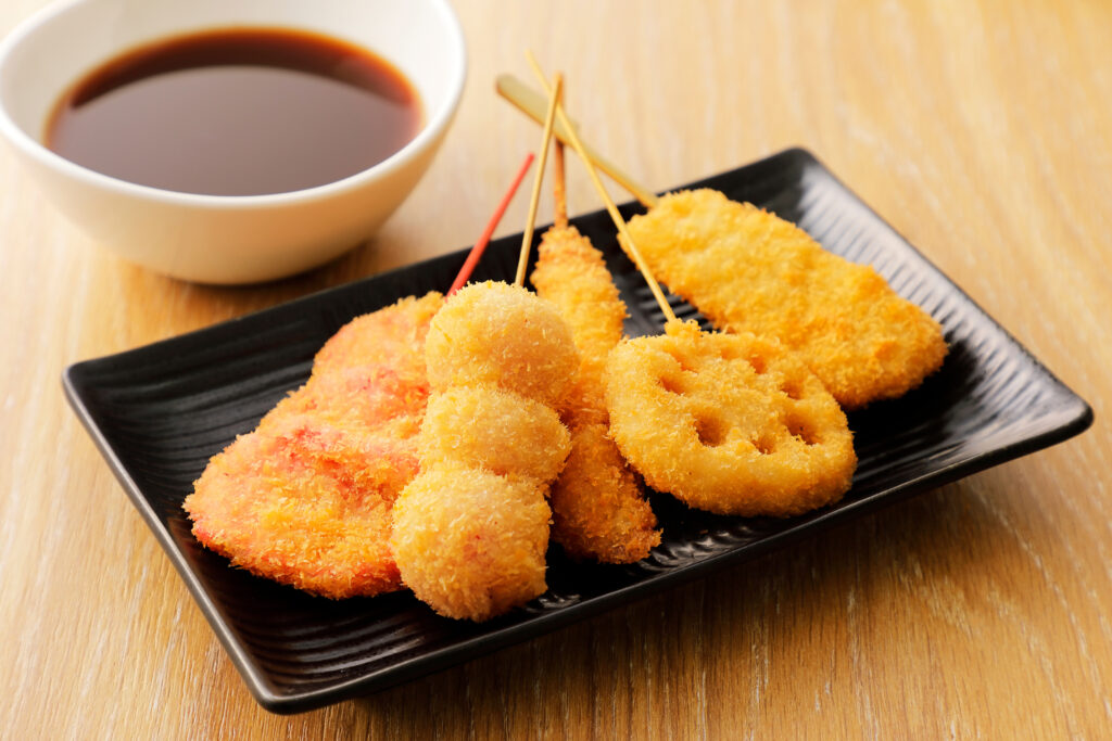 Lotus Root and Sweet Potato Kushikatsu as made on the Japanese Street Food class at COOK! in Manchester