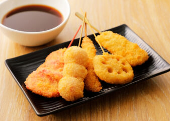 Lotus Root and Sweet Potato Kushikatsu as made on the Japanese Street Food class at COOK! in Manchester