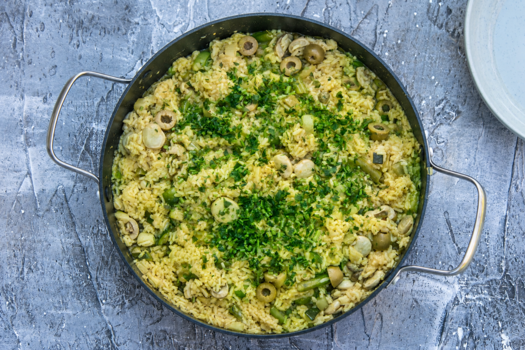 Paella Verde with Griddled Artichokes, Broad Beans, Peas, and Rocket