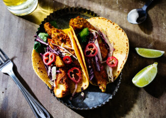 Baja-style courgette tacos plated and ready to enjoy at COOK! with the Vegetarian Society