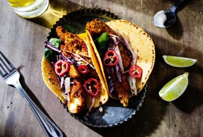Baja-style courgette tacos plated and ready to enjoy at COOK! with the Vegetarian Society