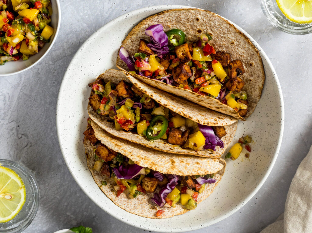 Celeriac Al Pastor Tacos with pineapple and pico de gallo