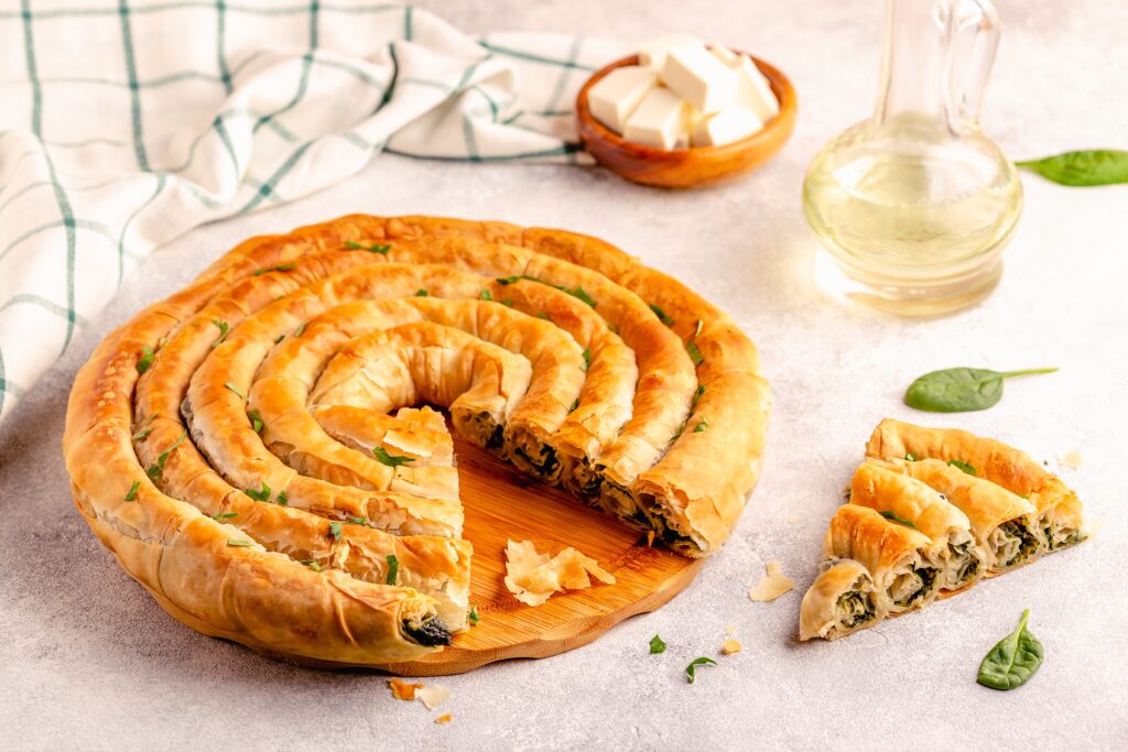 Traditional Leek, Spinach and Feta Spanakopita made on the Greek cookery class at COOK! with the Vegetarian Society