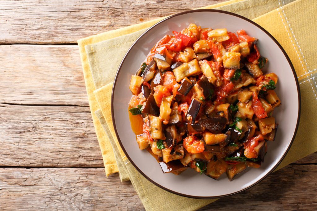 Stewed Aubergine, a side dish made on the Greek cooking class at COOK! with the Vegetarian Society