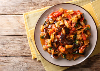 Stewed Aubergine, a side dish made on the Greek cooking class at COOK! with the Vegetarian Society