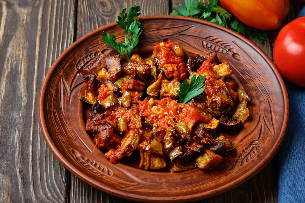 Aubergine and Peppers in a Rich Tomato Sauce
