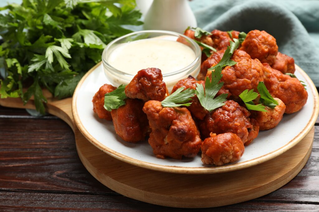 Korean fried cauliflower in gochujang glaze made in Global Street Food Favourites cooking class in Manchester