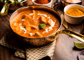 Silky cubes of paneer cheese, floating in a rich, buttery tomato, cashew gravy infused with sweet spicy flavours, smooth, aromatic, and utterly divine.