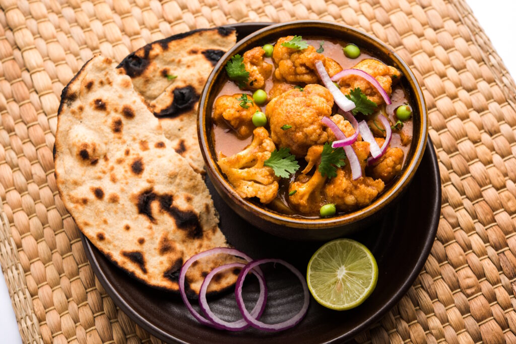 Aloo Gobi with Roti, made on the Lajina's Curry Secrets cookery class at COOK! with the Vegetarian Society