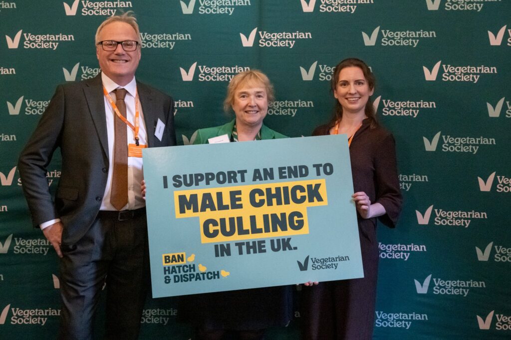 Vegetarian Society CEO, Richard McIlwain with Irene Campbell MP (centre) and Jenny Canham, Vegetarian Society Public Affairs Lead.