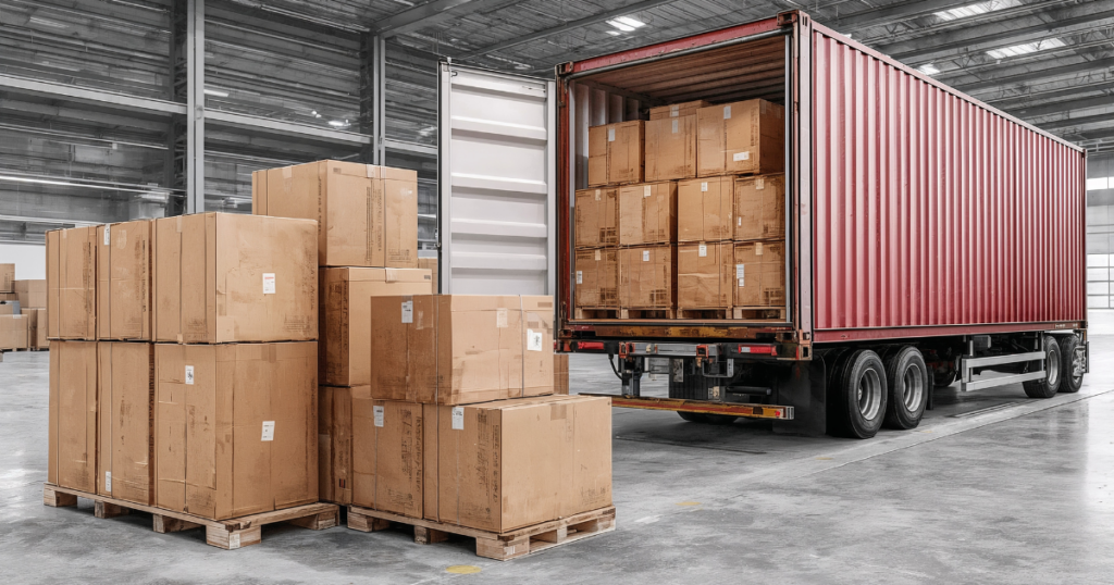 boxes on pallets waiting to be loaded on to an export lorry