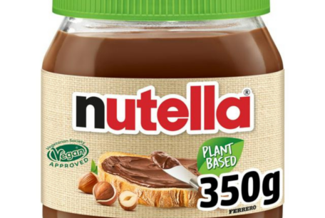 A 35og jar of Plant-Based Nutella showing the Vegetarian Society's Vegan Approved trademark.