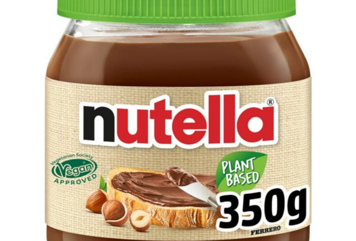A 35og jar of Plant-Based Nutella showing the Vegetarian Society's Vegan Approved trademark.