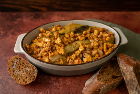 Braised Leek & White Bean Cassoulet with Smoky Tofu Crumbles