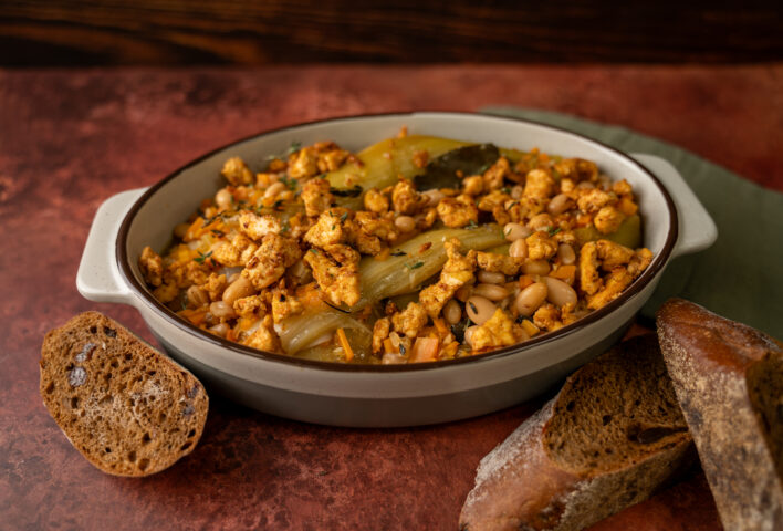 Braised Leek & White Bean Cassoulet with Smoky Tofu Crumbles