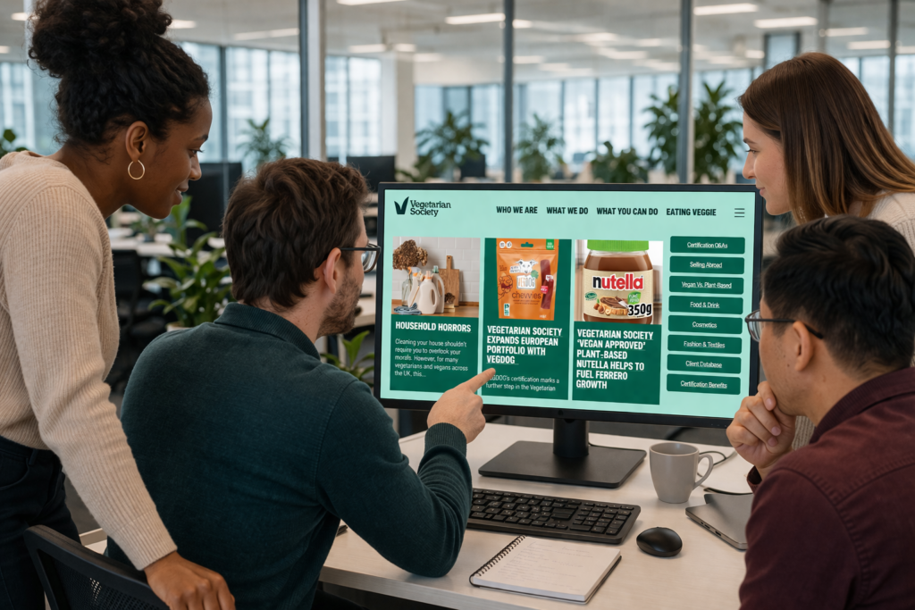 A group of four people at a business viewing the Vegetarian Society content hub on a computer screen.