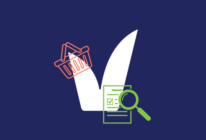 The letter V with a shopping basket and a list being searched by a magnifying glass.